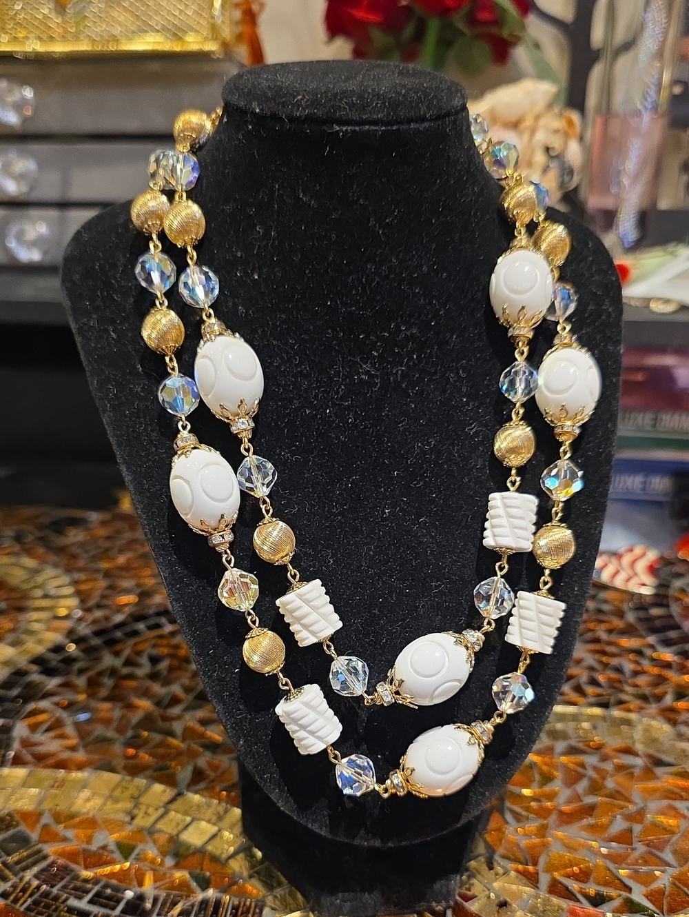 Gold and White Beaded Two-Strand Necklace